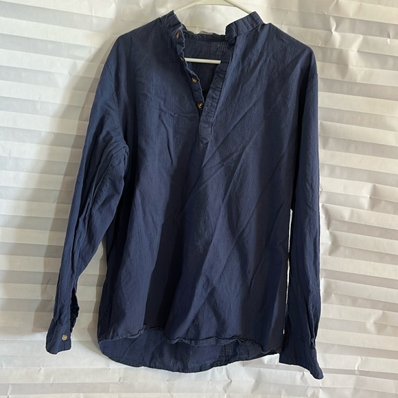 Lingduomao Men's Blue Long Sleeve Shirt Half Button Mandarin Collar Casual - Picture 1 of 3